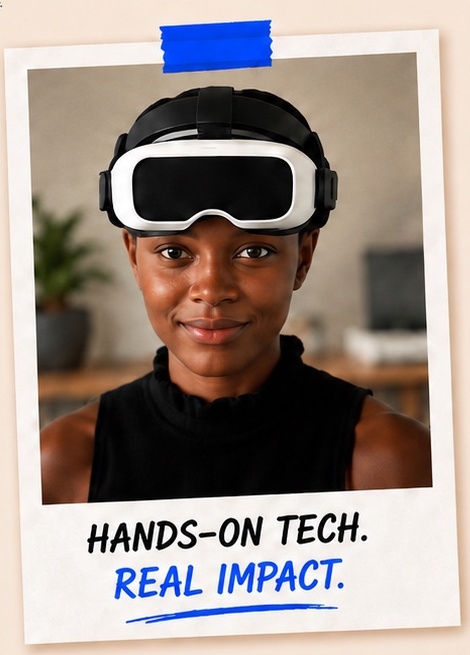 Wearable technology participant wearing a headset with Hands-On Tech, Real Impact caption