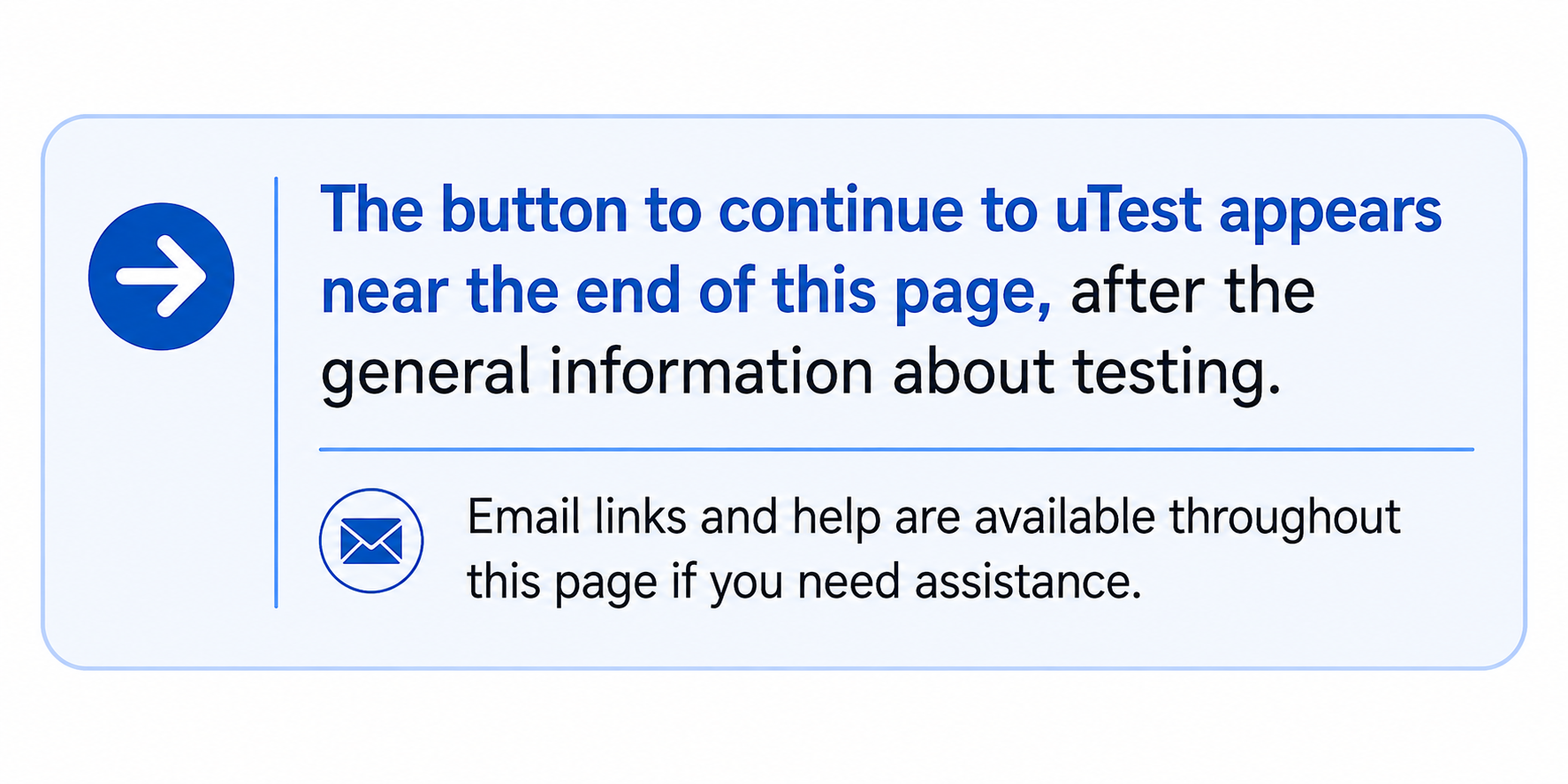 The button to continue to uTest appears near the end of this page; email links and help are available throughout the page