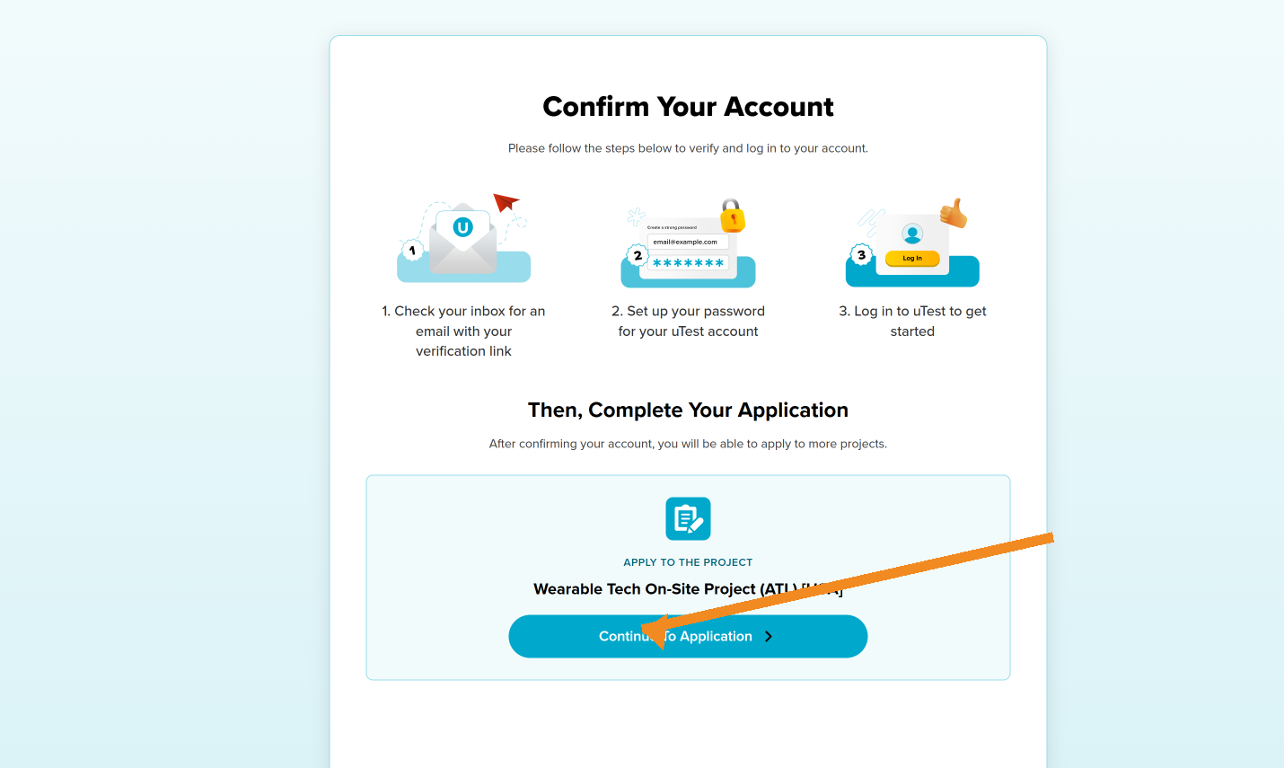 uTest Confirm Your Account page showing the Continue To Application button